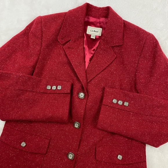 LL Bean Wool Silk Blend Blazer M Petite Red Tweed Career Jacket Square Button - Picture 1 of 11